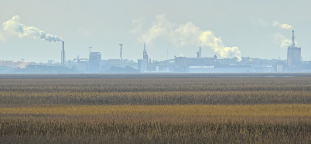 A field of grain fills the frame, and behind it factories choke the skies with pollution.